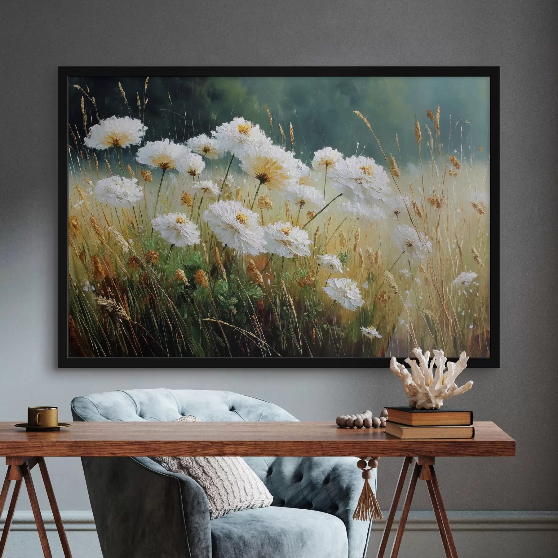 Fotobehang Witte bloemen in een weide in olieverfstijl f44842