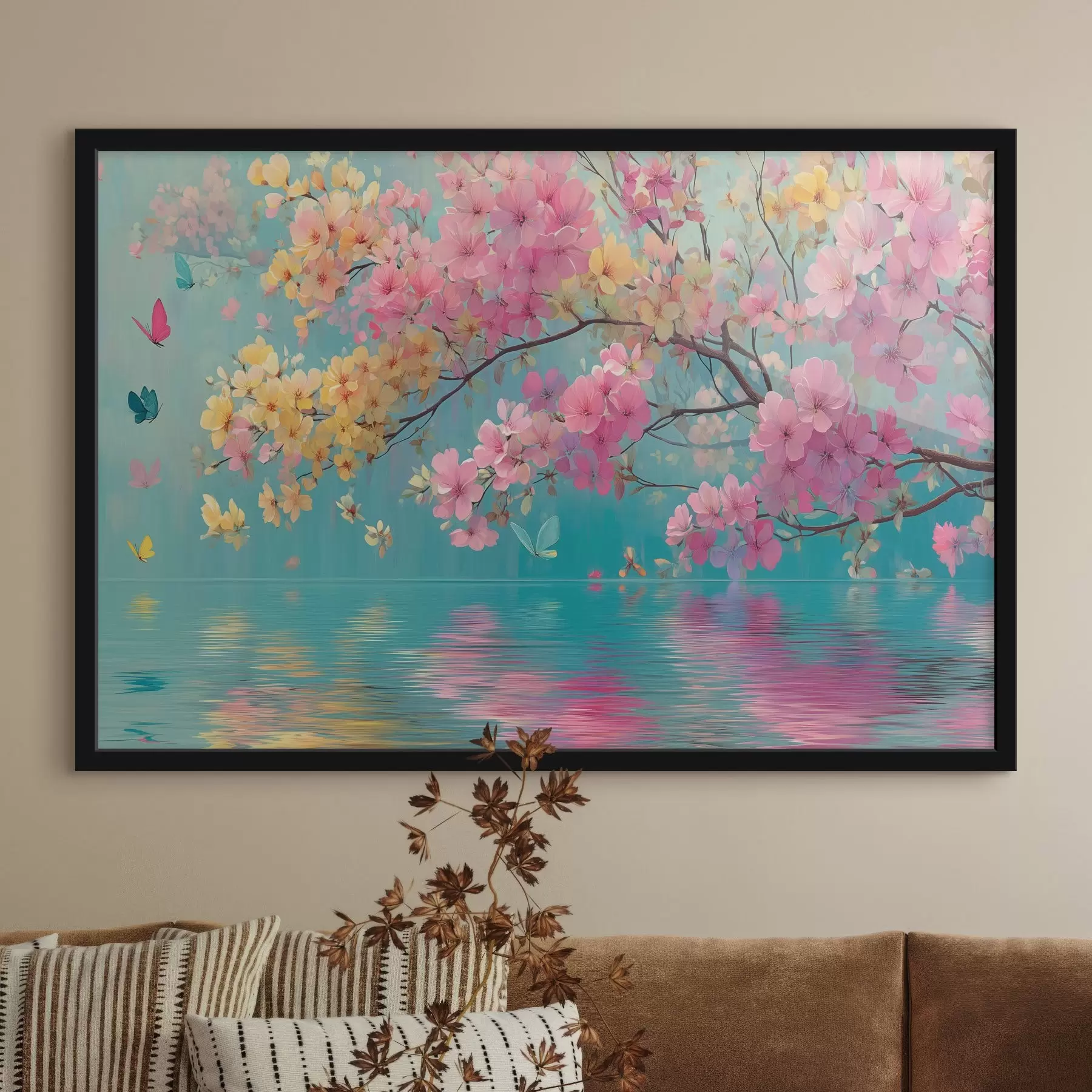Fotobehang Bloeiende tak over water in aquarelstijl f44844