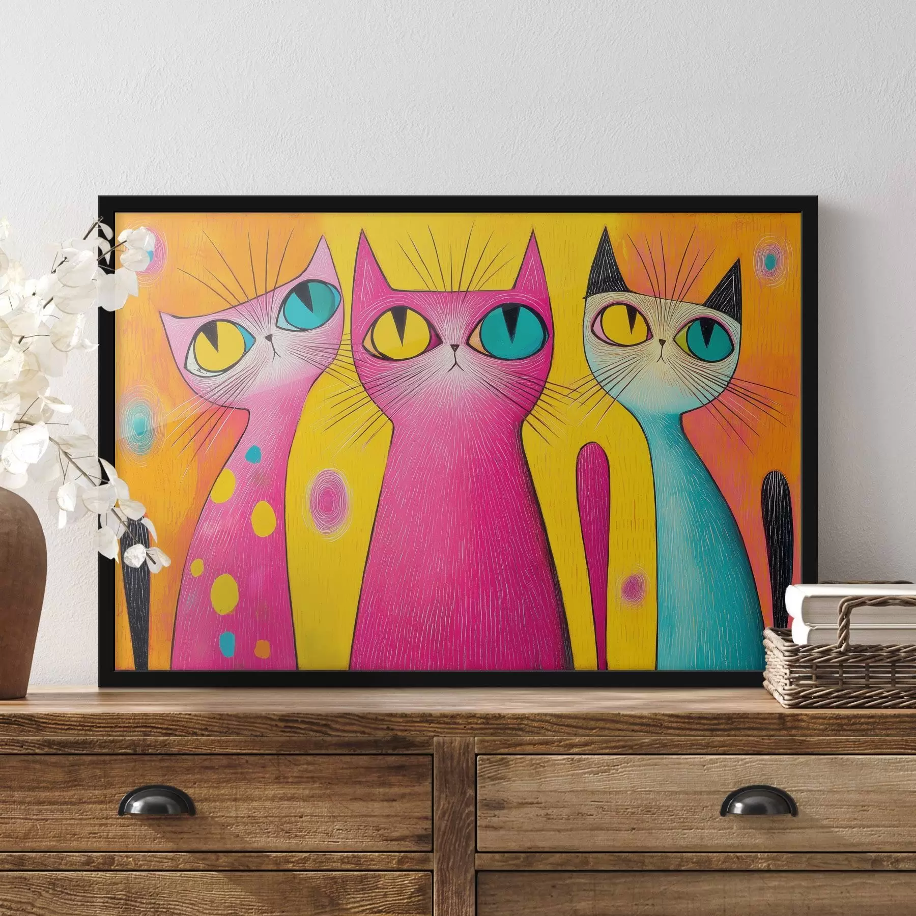 Fotobehang Speelse katten met grote ogen in kunststijl f44845