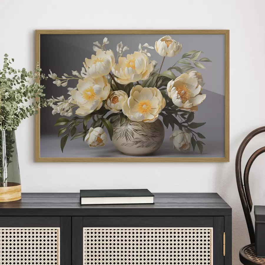 Fotobehang Delicate bloemen met gele kern in een vaas met patroon f44847