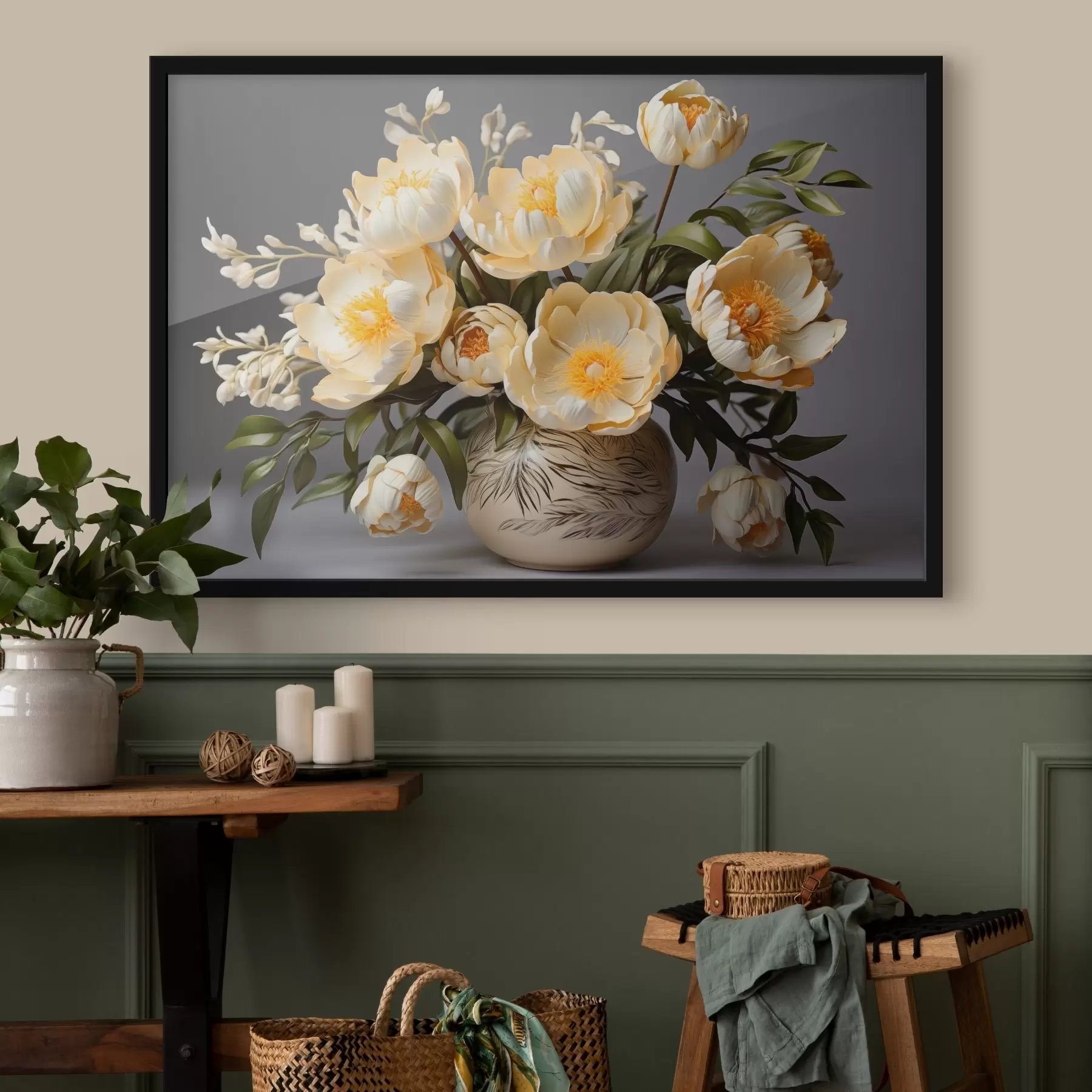 Fotobehang Delicate bloemen met gele kern in een vaas met patroon f44847