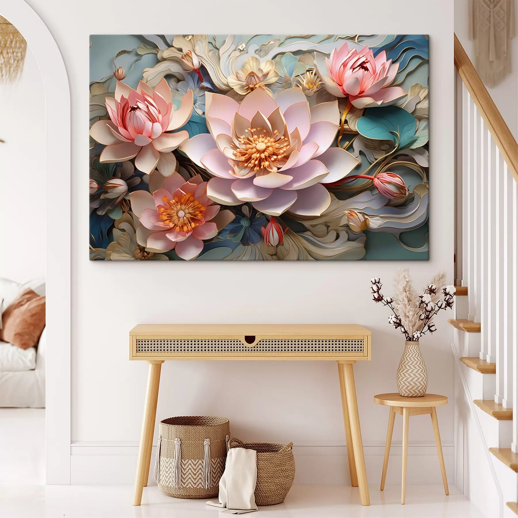  Schilderijen Roze-oranje lotussen in 3D tekenstijl s44934