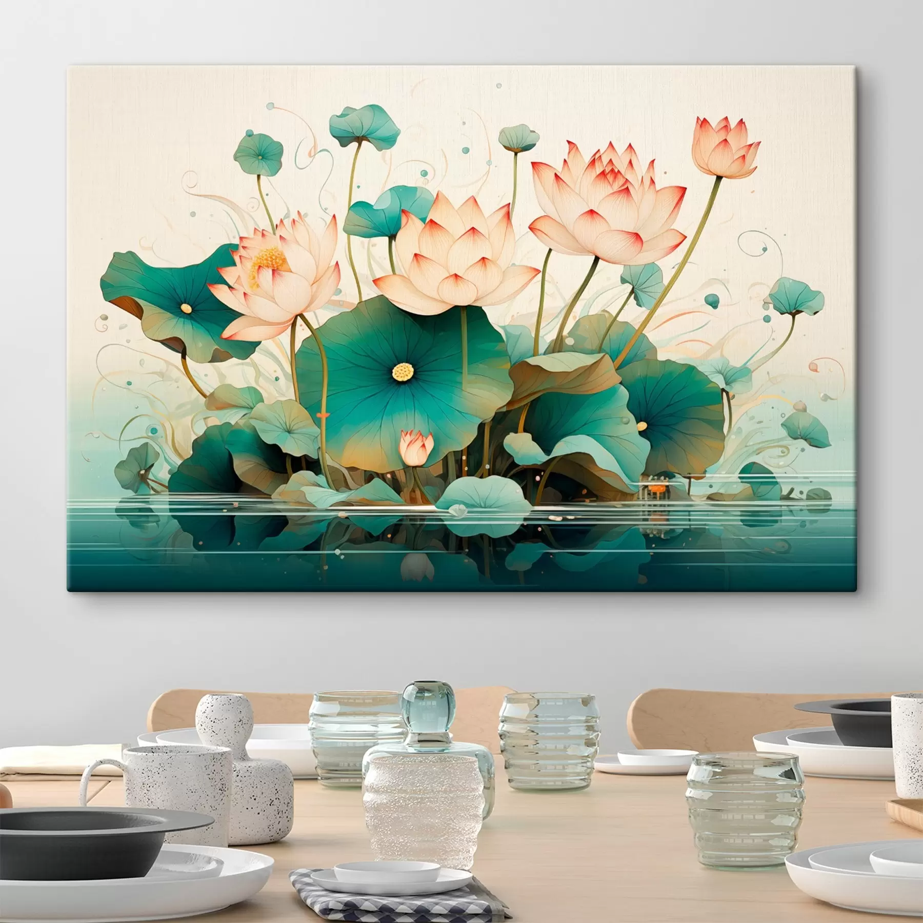  Schilderijen Lotussen met grote bladeren in illustratiestijl s44939
