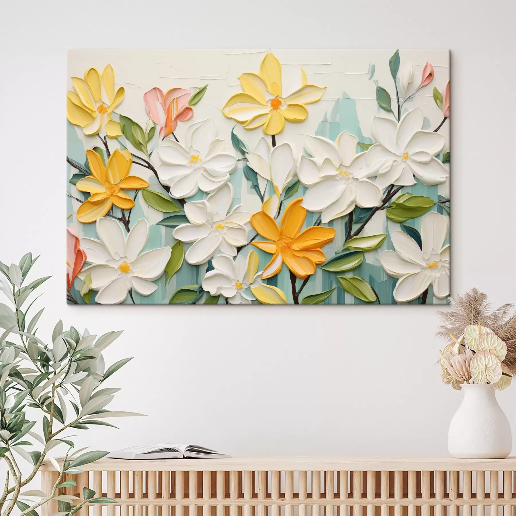  Schilderijen Bloemen in reliëf in heldere kleuren in penseelstreekimitatiestijl s44942