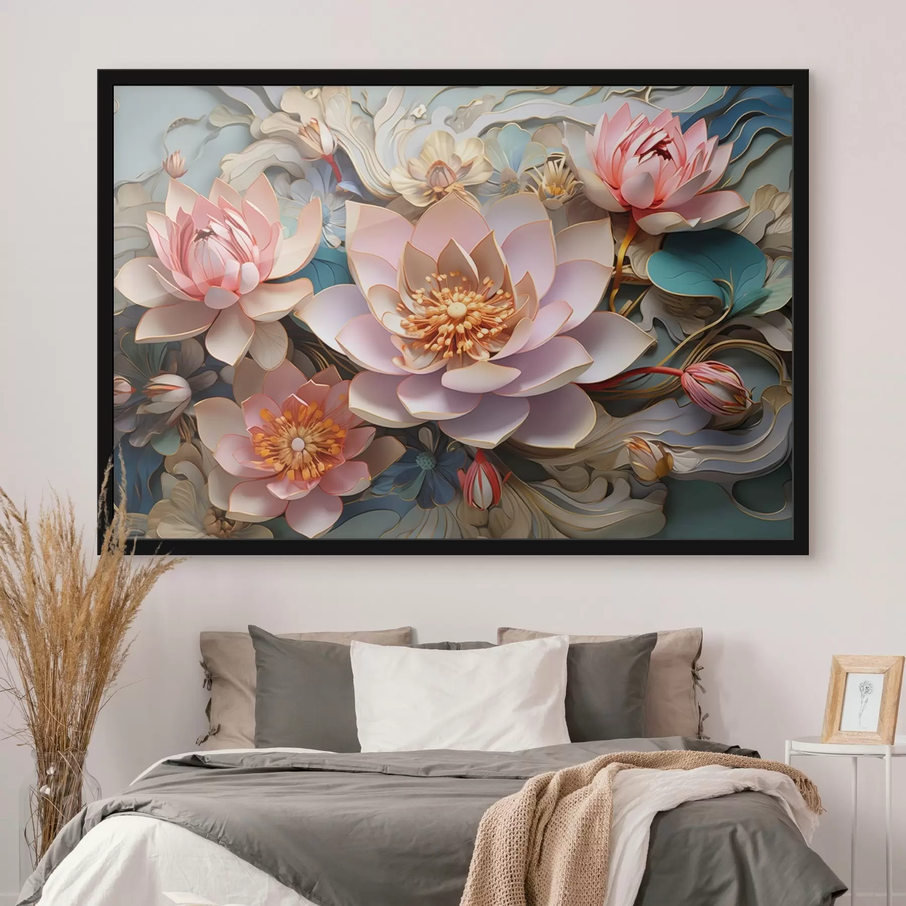 Fotobehang Roze-oranje lotussen in 3D tekenstijl f44934