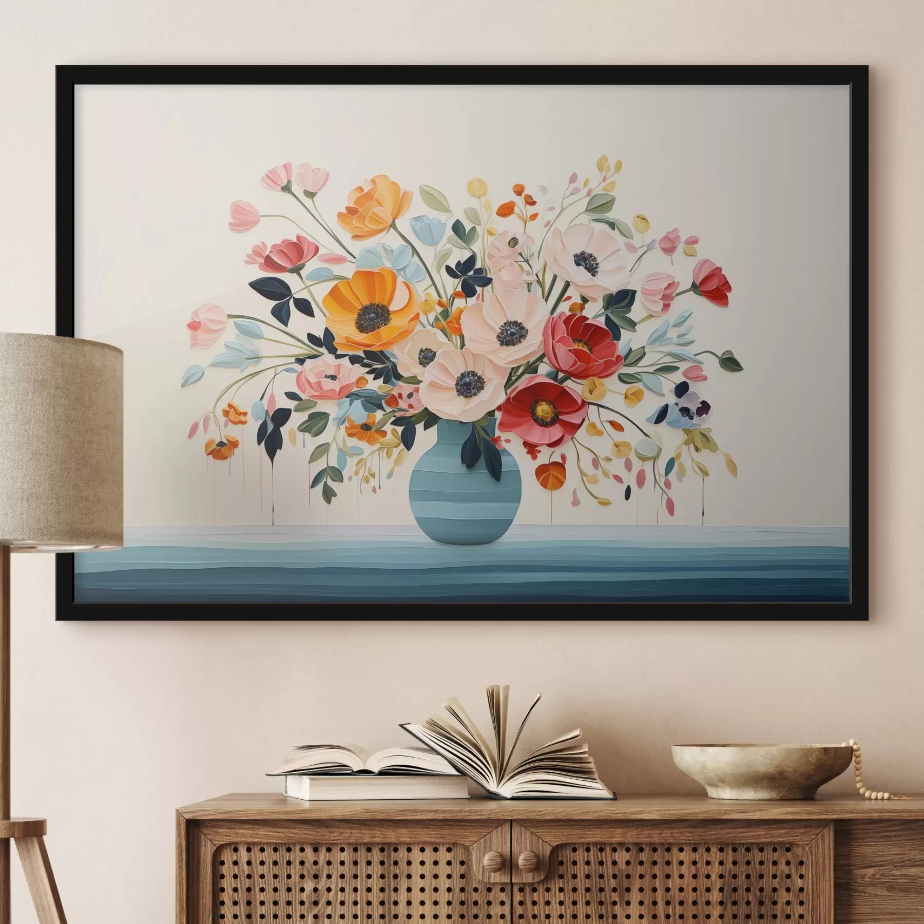 Fotobehang Kleurrijk boeket in een blauwe vaas in decoratieve stijl f44937