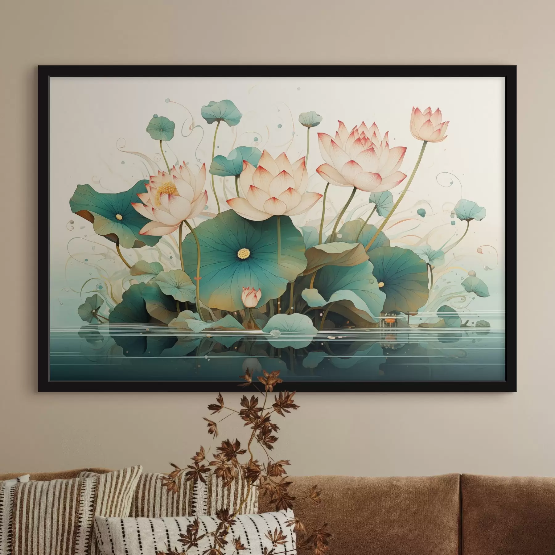 Fotobehang Lotussen met grote bladeren in illustratiestijl f44939