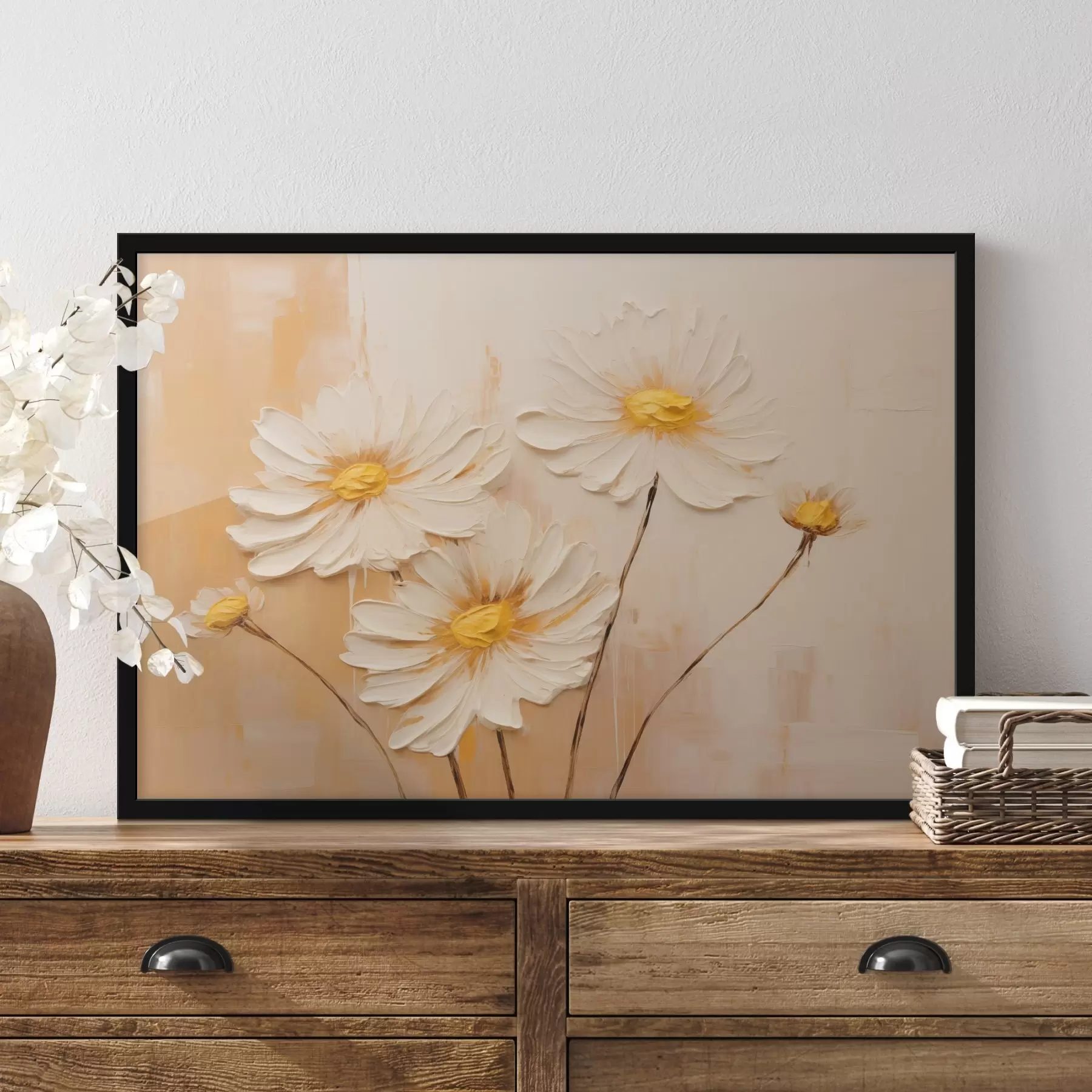 Fotobehang Abstracte bloemen op een oranje achtergrond in olieverfstijl f44945