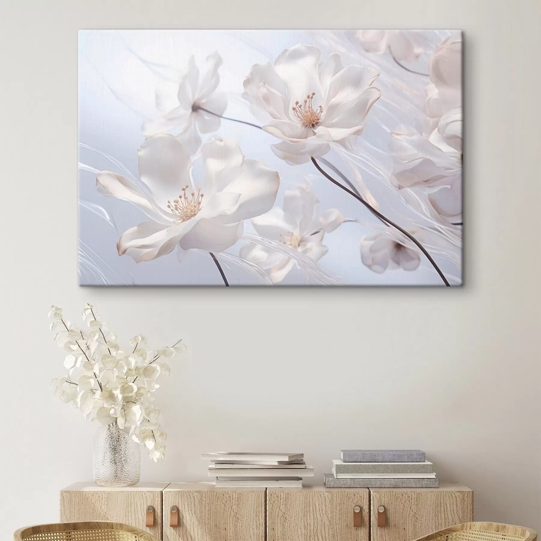  Schilderijen Witte bloemen met doorschijnende bloemblaadjes, zachte lichtblauwe achtergrond, elegant, romantisch, delicaat, dromerig  s44931