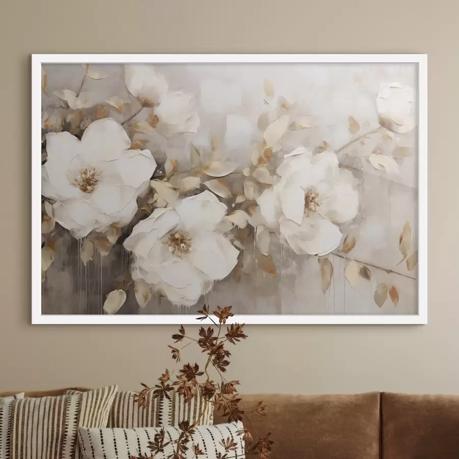 Fotobehang Witte bloemen met bruine bladeren op een beige achtergrond, olieverfschilderij imitatie, bloemstuk, botanische kunst f44922