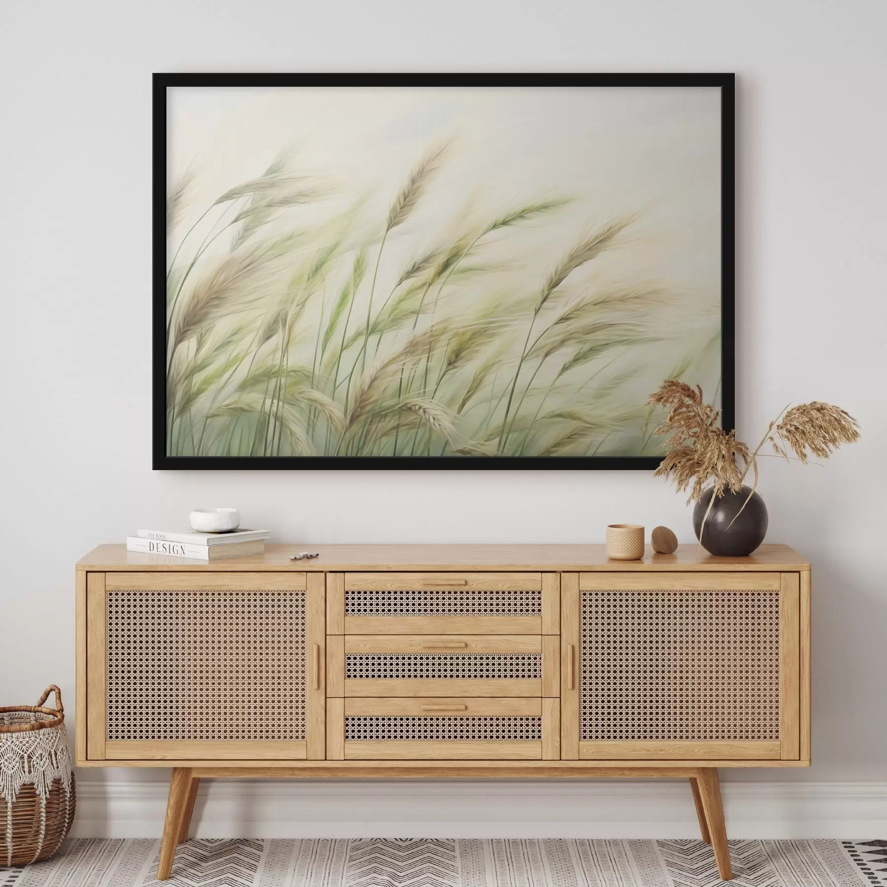 Fotobehang Korenveld met gele en groene korenaren, zachte penseelstreken en een licht kleurenpalet, natuurlijke sfeer f44923