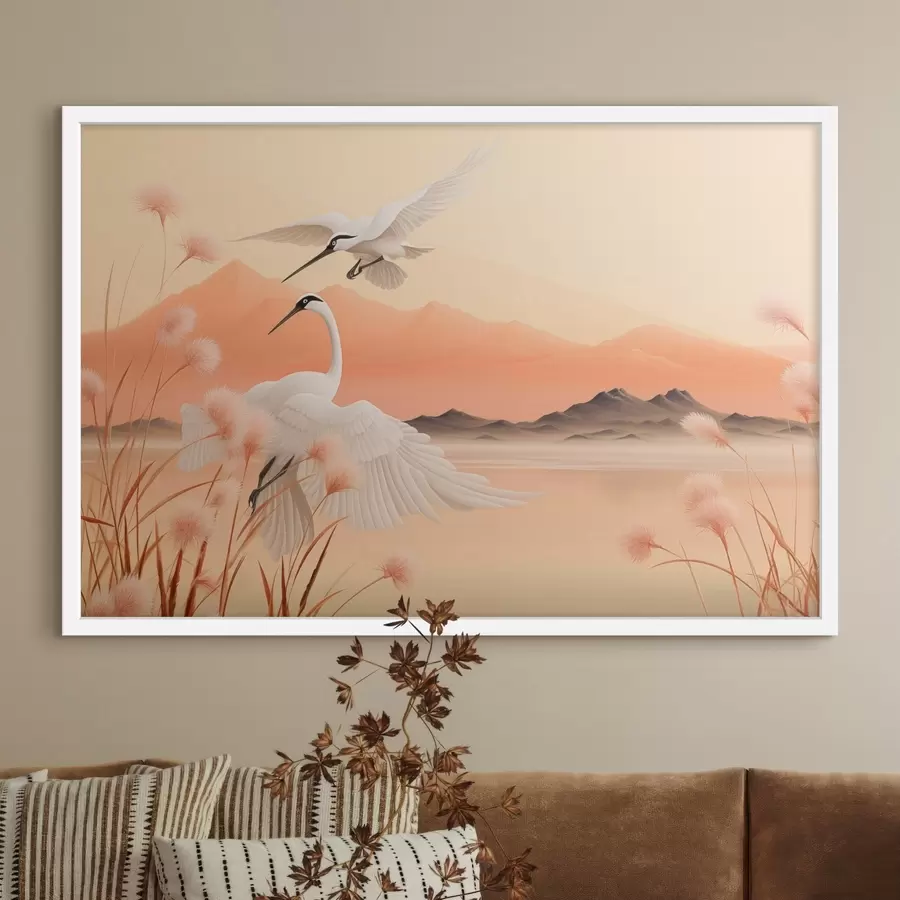 Fotobehang Witte kraanvogels met roze riet op de voorgrond, bergen en een meer op de achtergrond, zacht oranje licht f44925