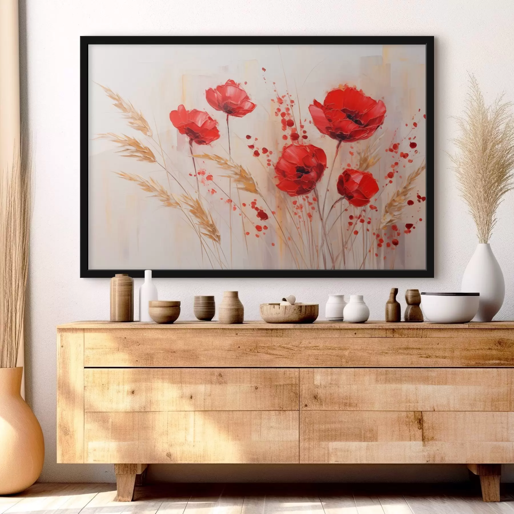 Fotobehang Rode papaverbloemen met gele tarwestengels, tegen een zachte, neutrale achtergrond met spetters rode verf f44926