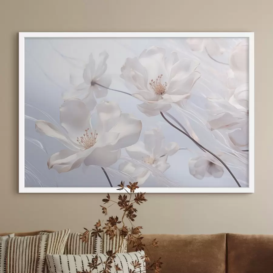 Fotobehang Witte bloemen met doorschijnende bloemblaadjes, zachte lichtblauwe achtergrond, elegant, romantisch, delicaat, dromerig f44931