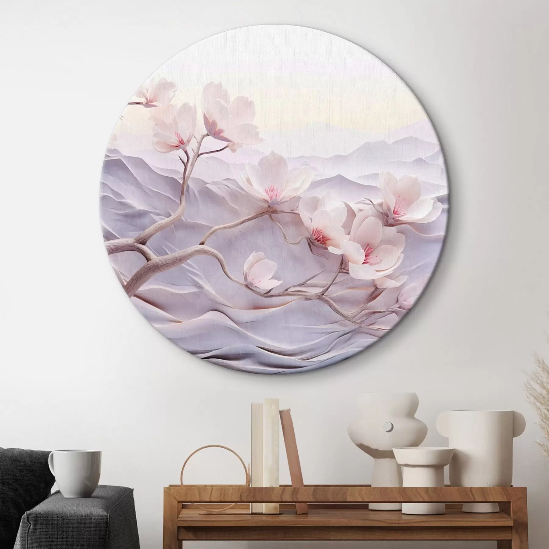  Schilderijen Bloesemtak met roze bloemen, bergen op de achtergrond, zachte pastelkleuren, Japanse textuurkunst r44930