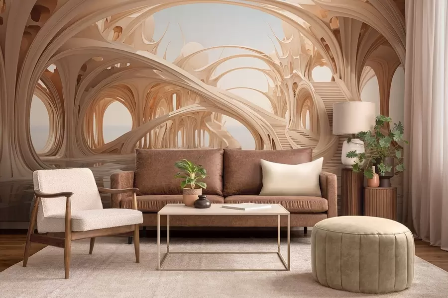 Fotobehang Fantasie-architectuur met bogen boven het water w09241