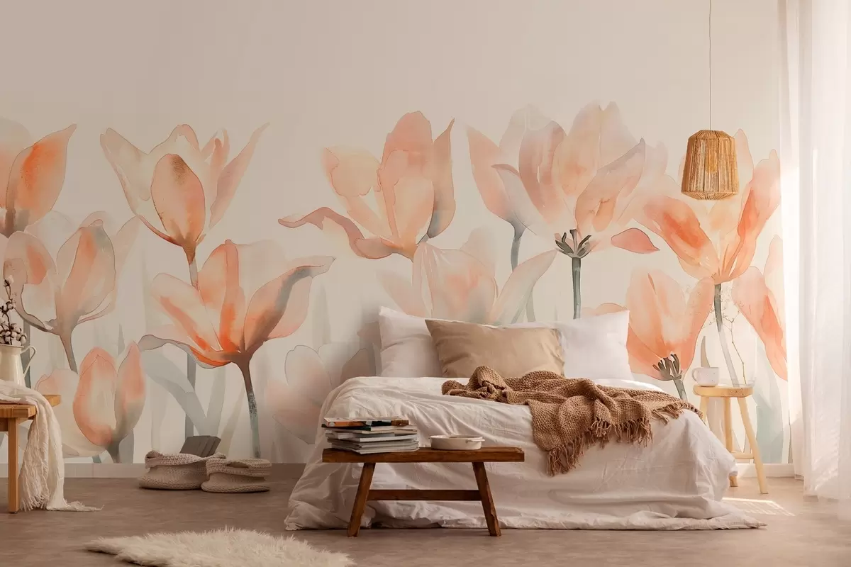 Fotobehang verse aquarel tulpen die van onderaf groeien w04204