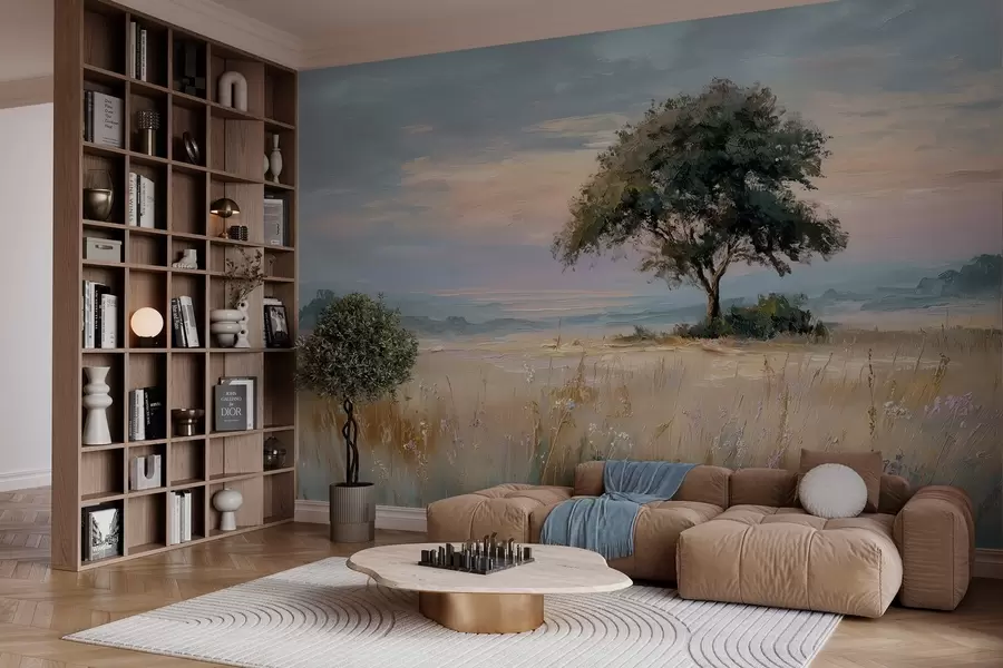 Fotobehang boom in het midden van een veld in de stijl van olieverfschilderij w04206