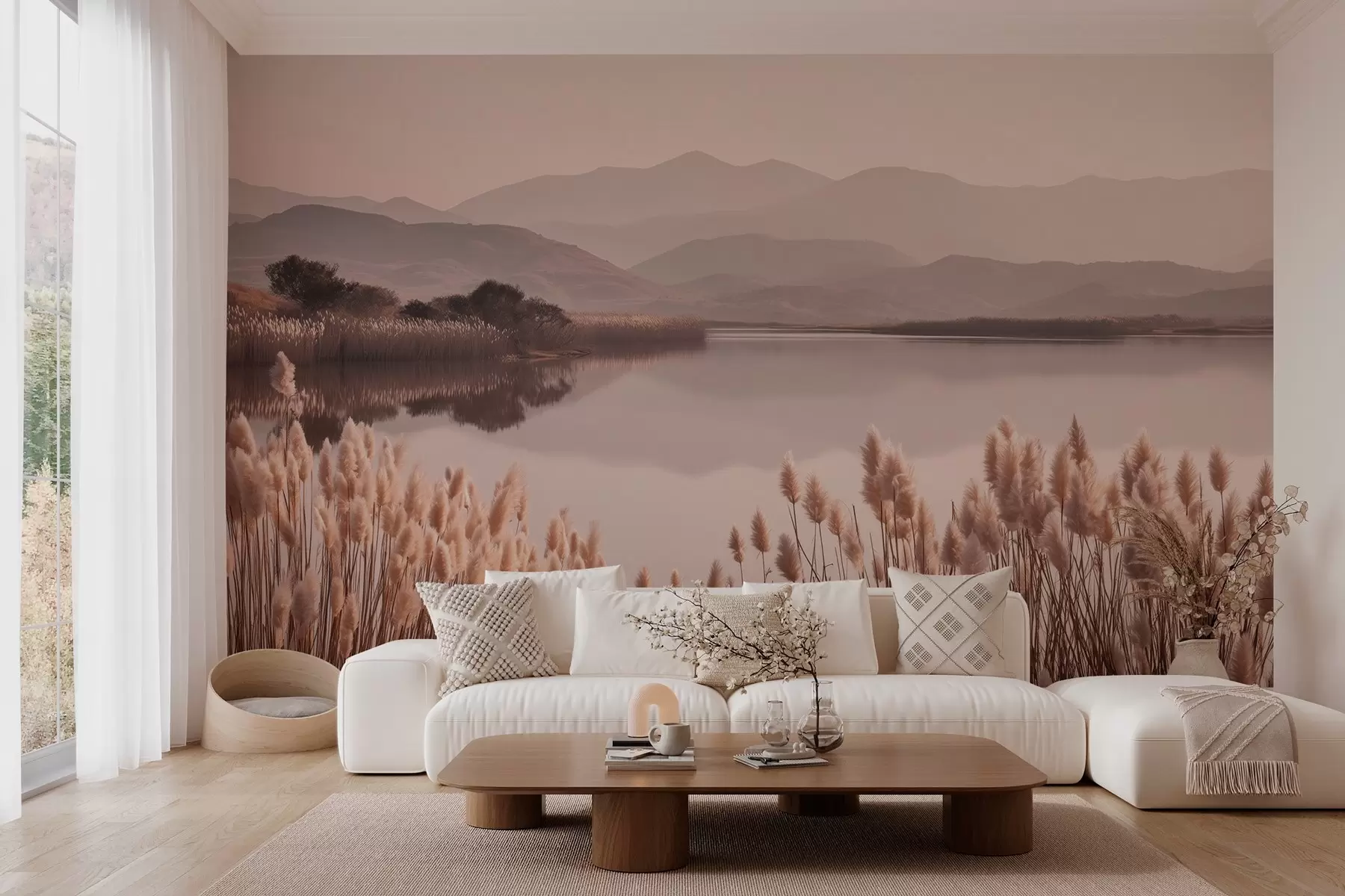 Fotobehang uitzicht op het meer met riet w04207