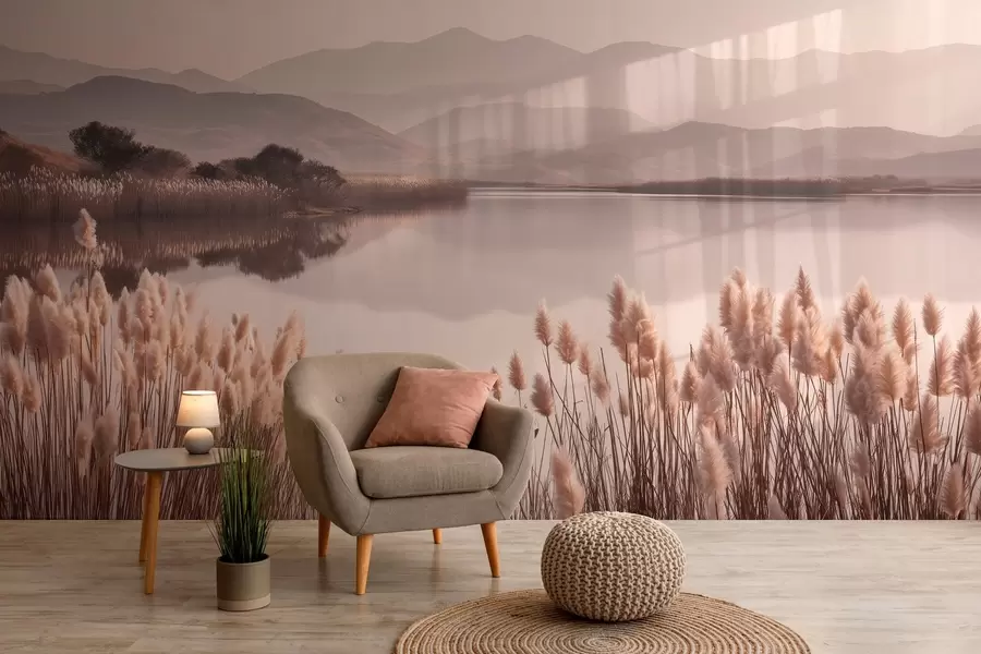 Fotobehang uitzicht op het meer met riet w04207