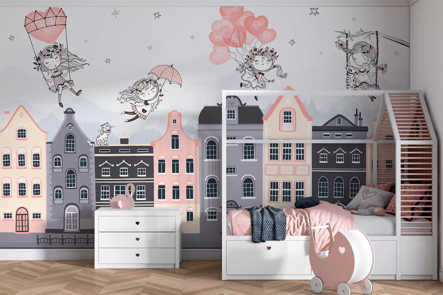 Fotobehang Stadsgezicht met schattige meisjes w04014