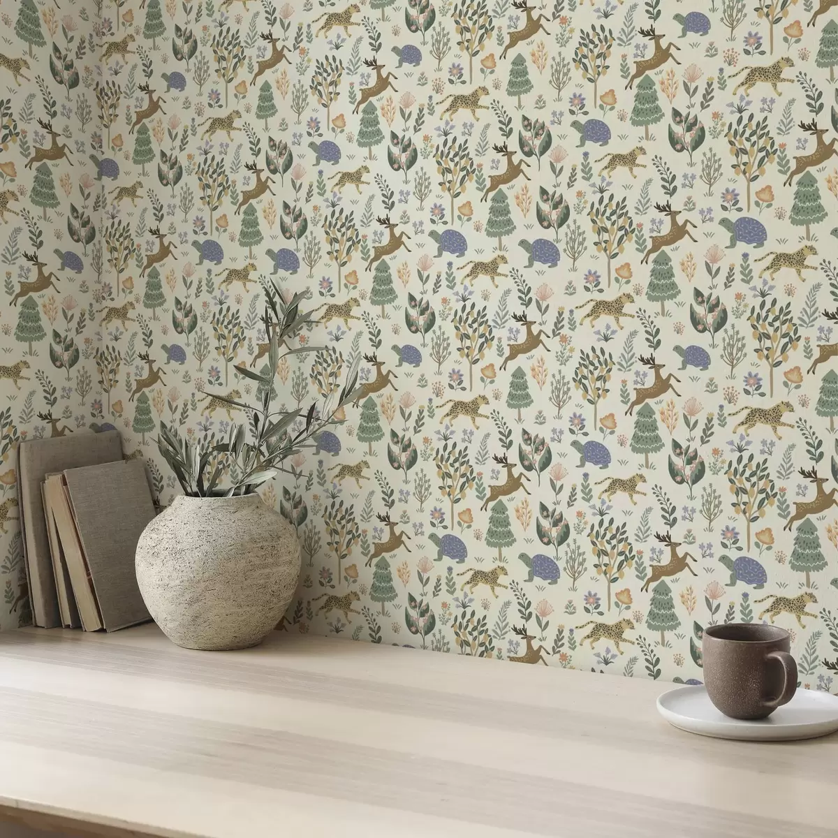 Behang Retro illustratie met luipaarden, bomen en herten a00184