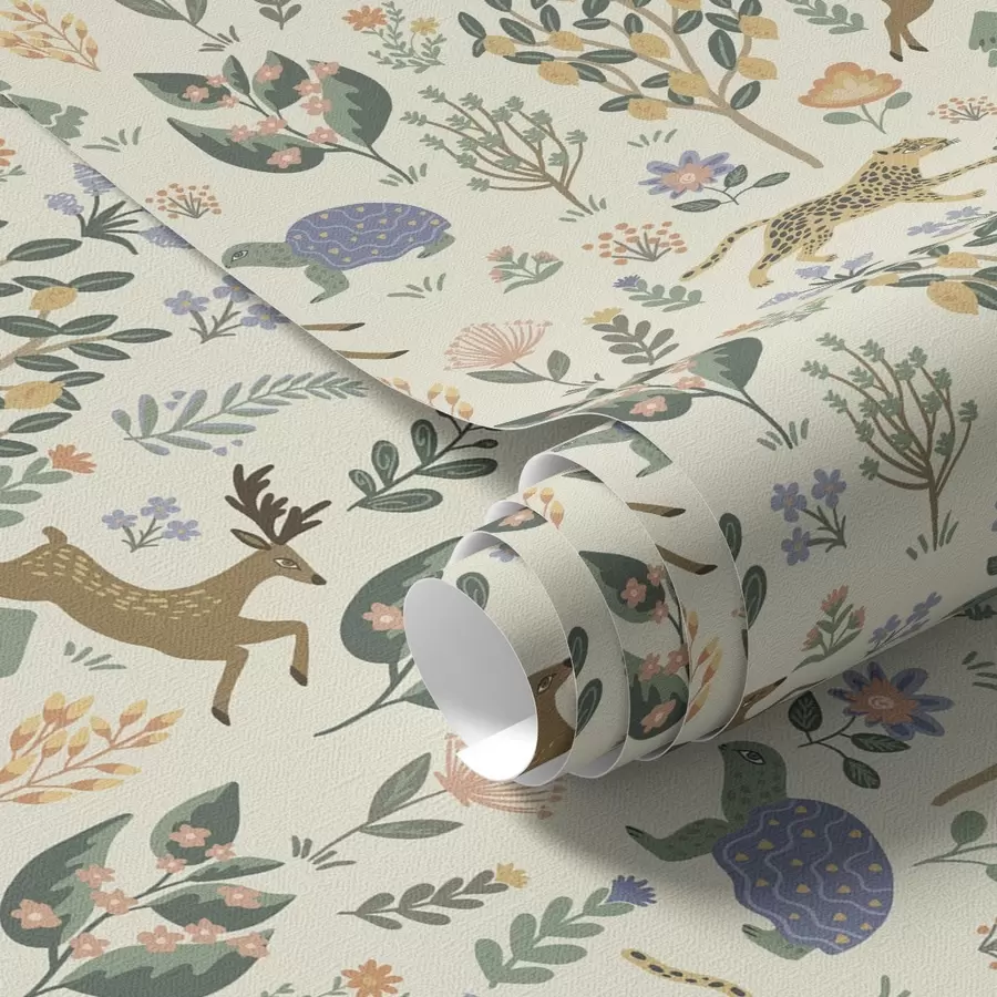 Fotobehang Retro illustratie met luipaarden, bomen en herten a00184