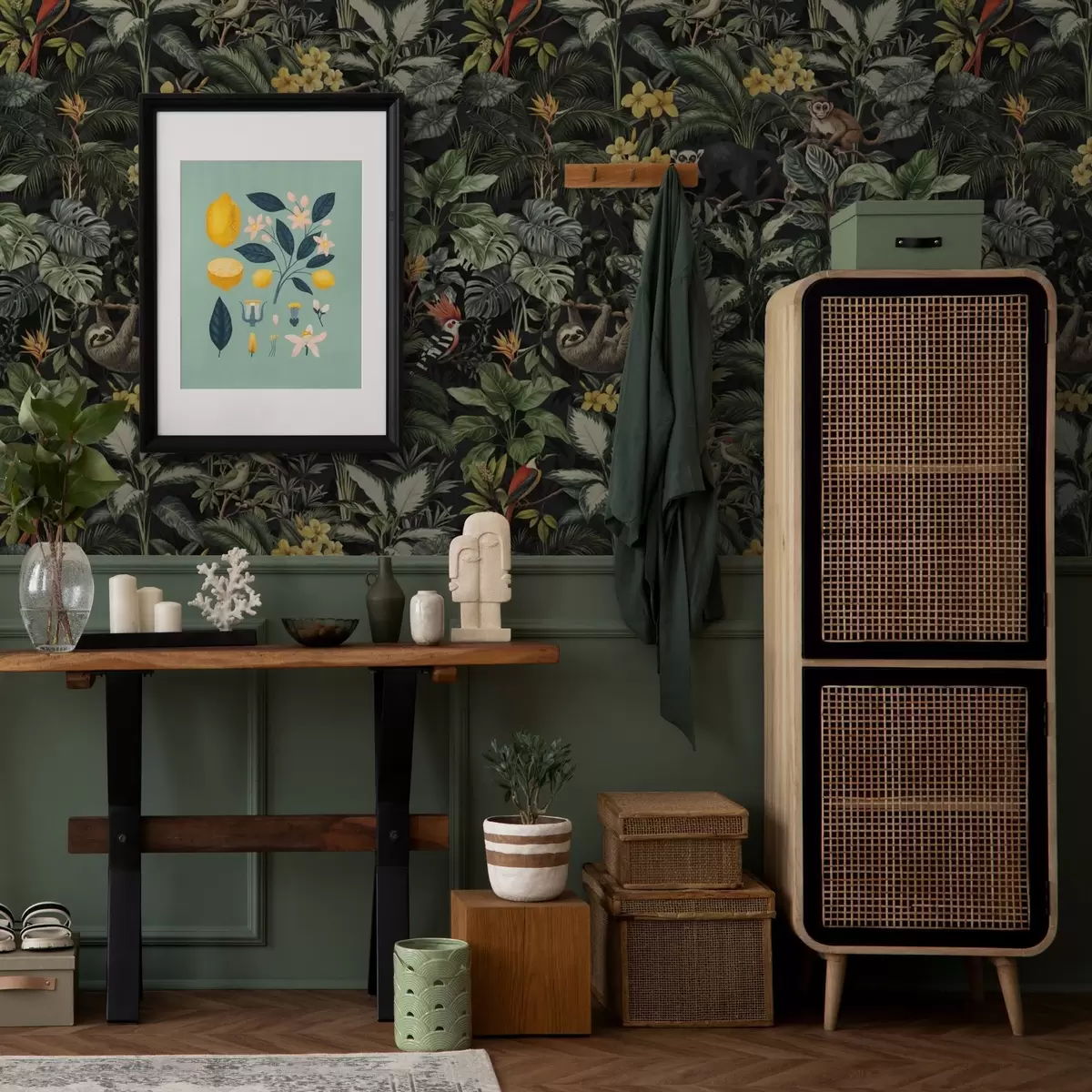 Behang Tropische jungle met apen, vogels en dicht gebladerte a00191