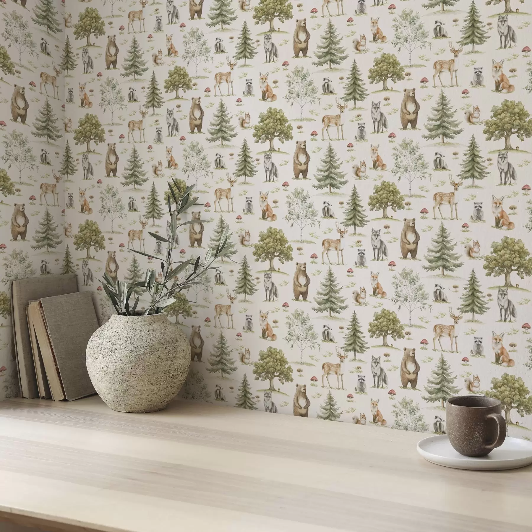 Fotobehang Bosdieren in zachte aquarelstijl, bomen en paddenstoelen a00212