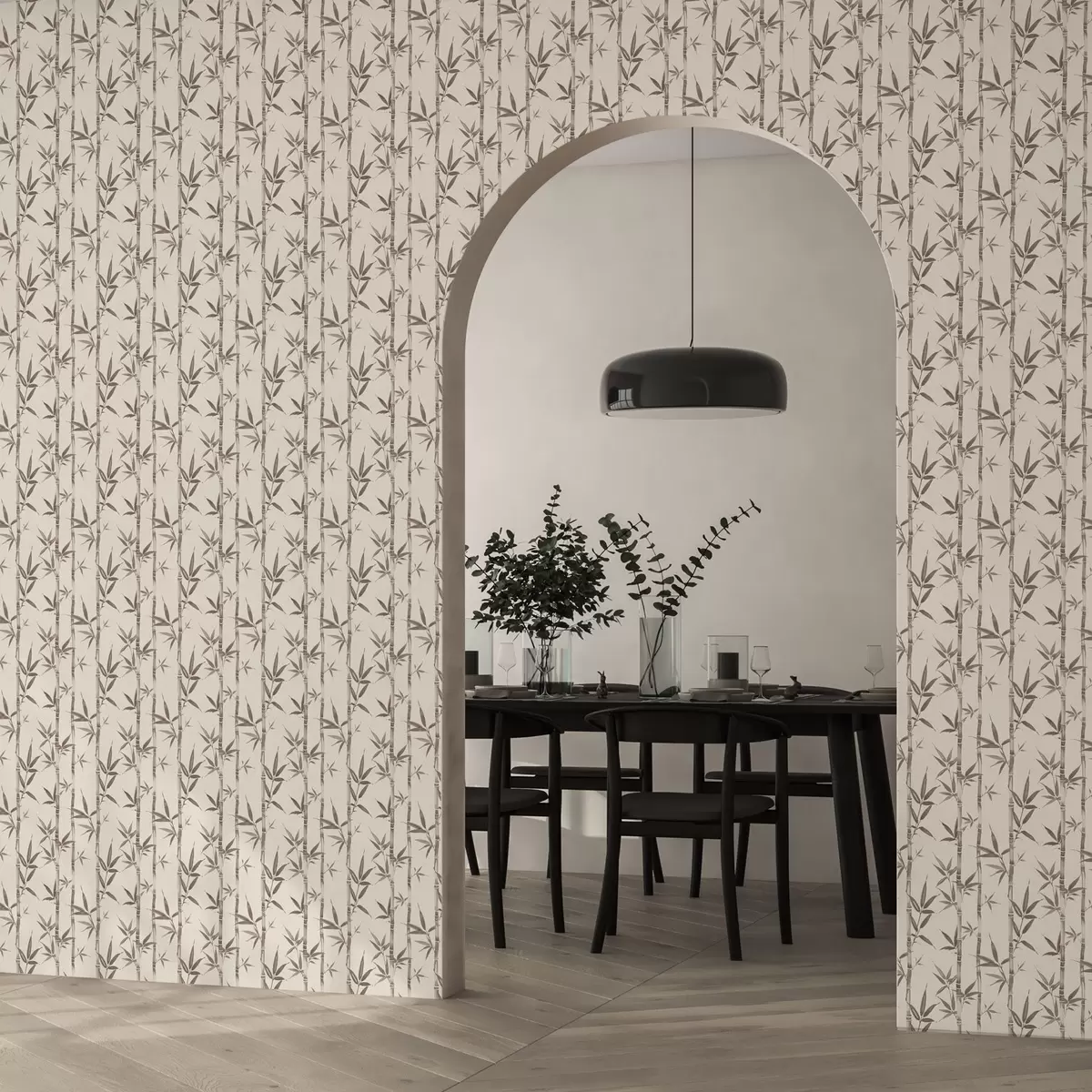 Behang Beige bamboepatroon met bladeren in Japanse stijl a00236