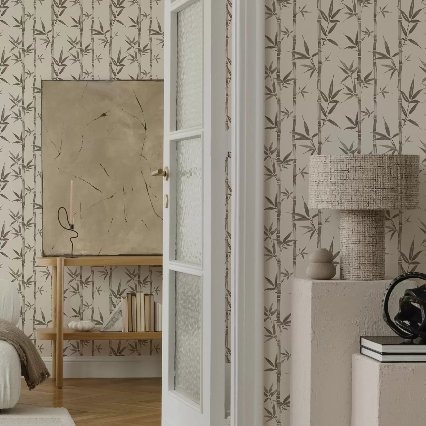 Fotobehang Beige bamboepatroon met bladeren in Japanse stijl a00236