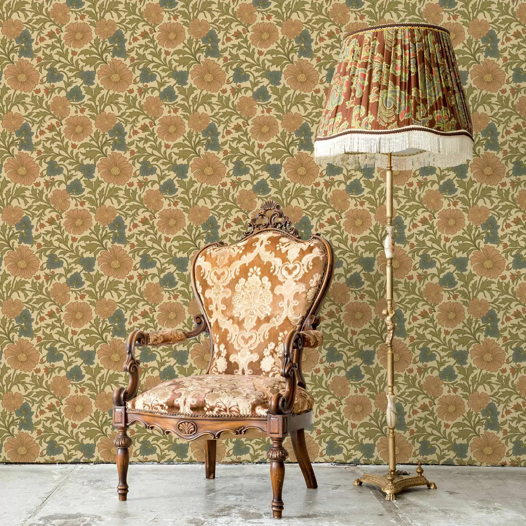 Fotobehang Retro patroon met oranje en blauwe bloemen a00245