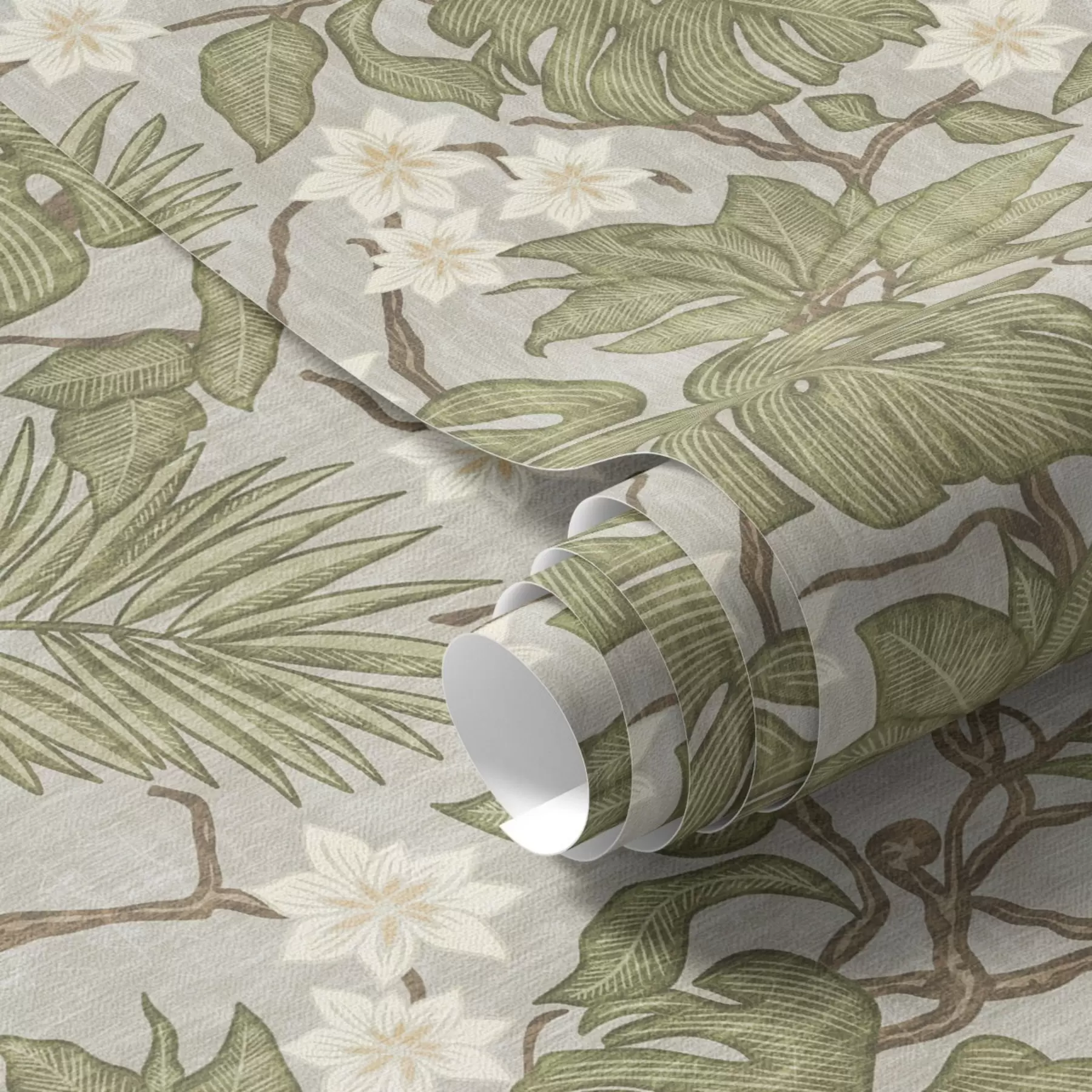 Fotobehang Tropische monstera bladeren en bloemen op een grijze achtergrond a00249