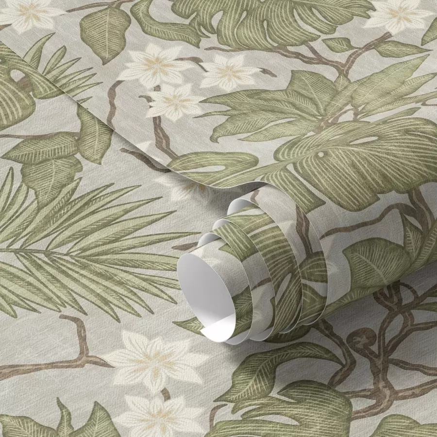 Fotobehang Tropische monstera bladeren en bloemen op een grijze achtergrond a00249