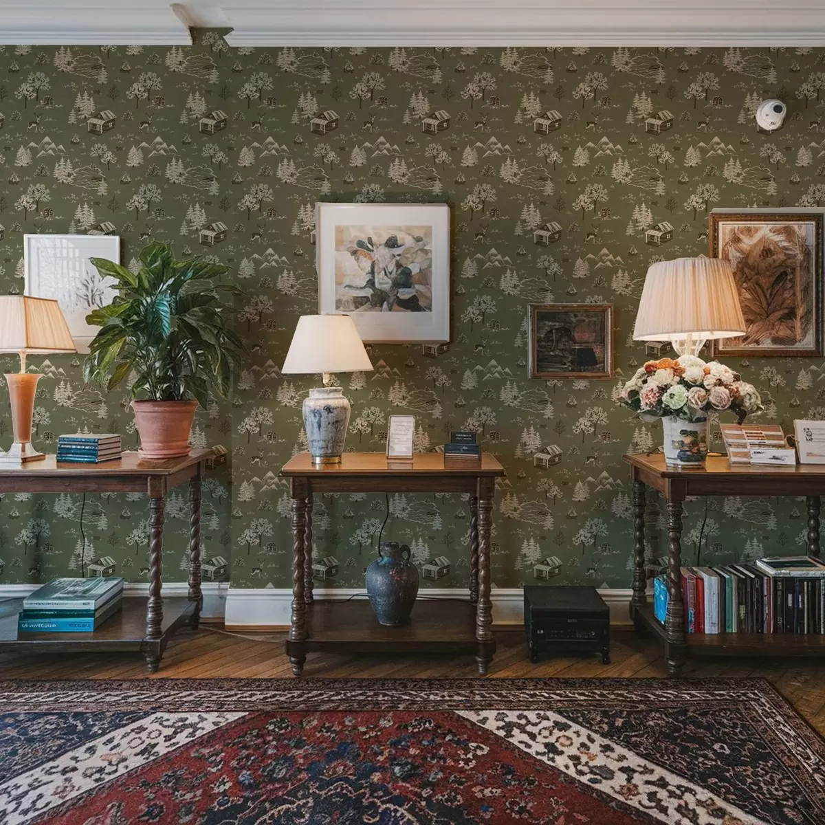 Behang Geschilderd bos met een meer, hut en dieren a00267