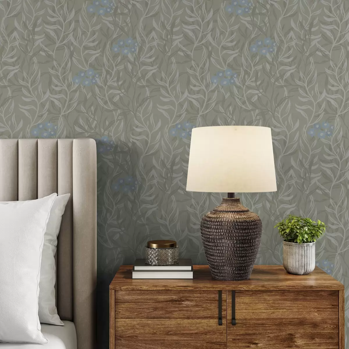 Behang Groene achtergrond met witte takken en blauwe bloemen a00268v1