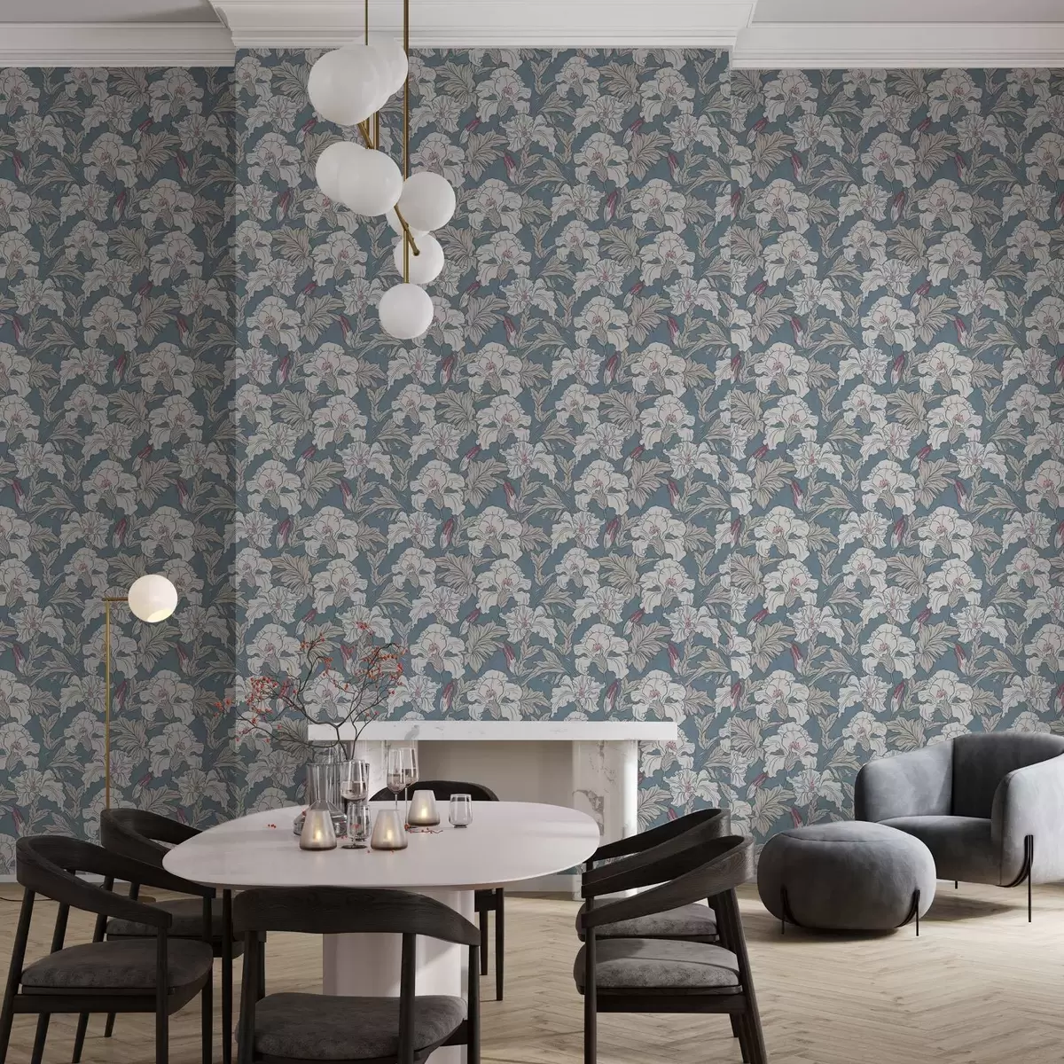 Behang Witte hibiscus op blauwe achtergrond met contourpatroon a00272v1