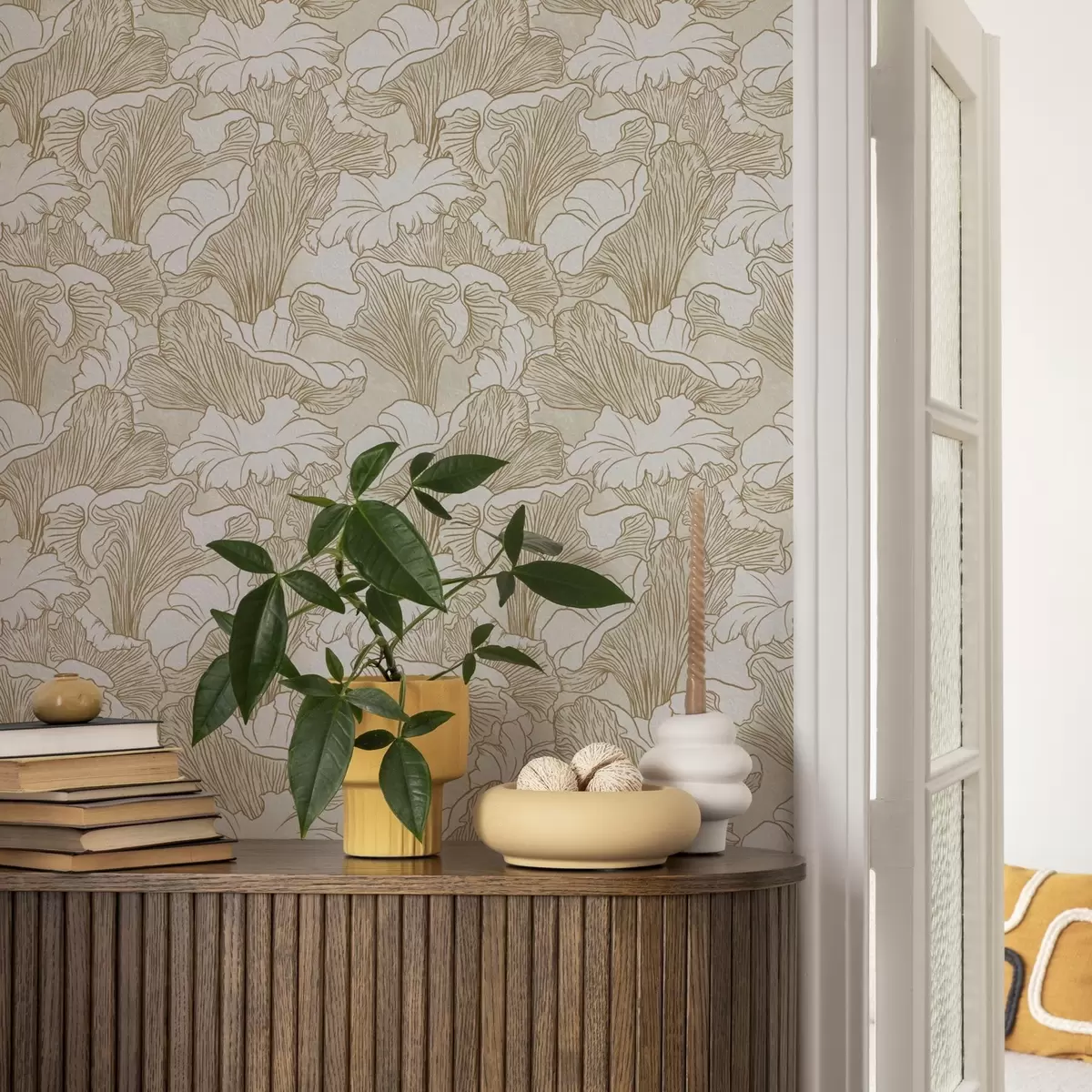 Behang Cantharel champignons, lijntekening op crème achtergrond a00275