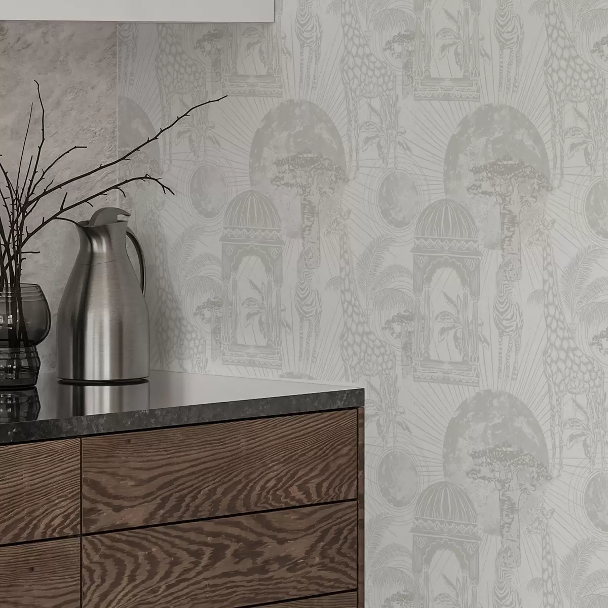 Behang Grafische illustratie met giraffe, zebra en palmbomen a00276v1