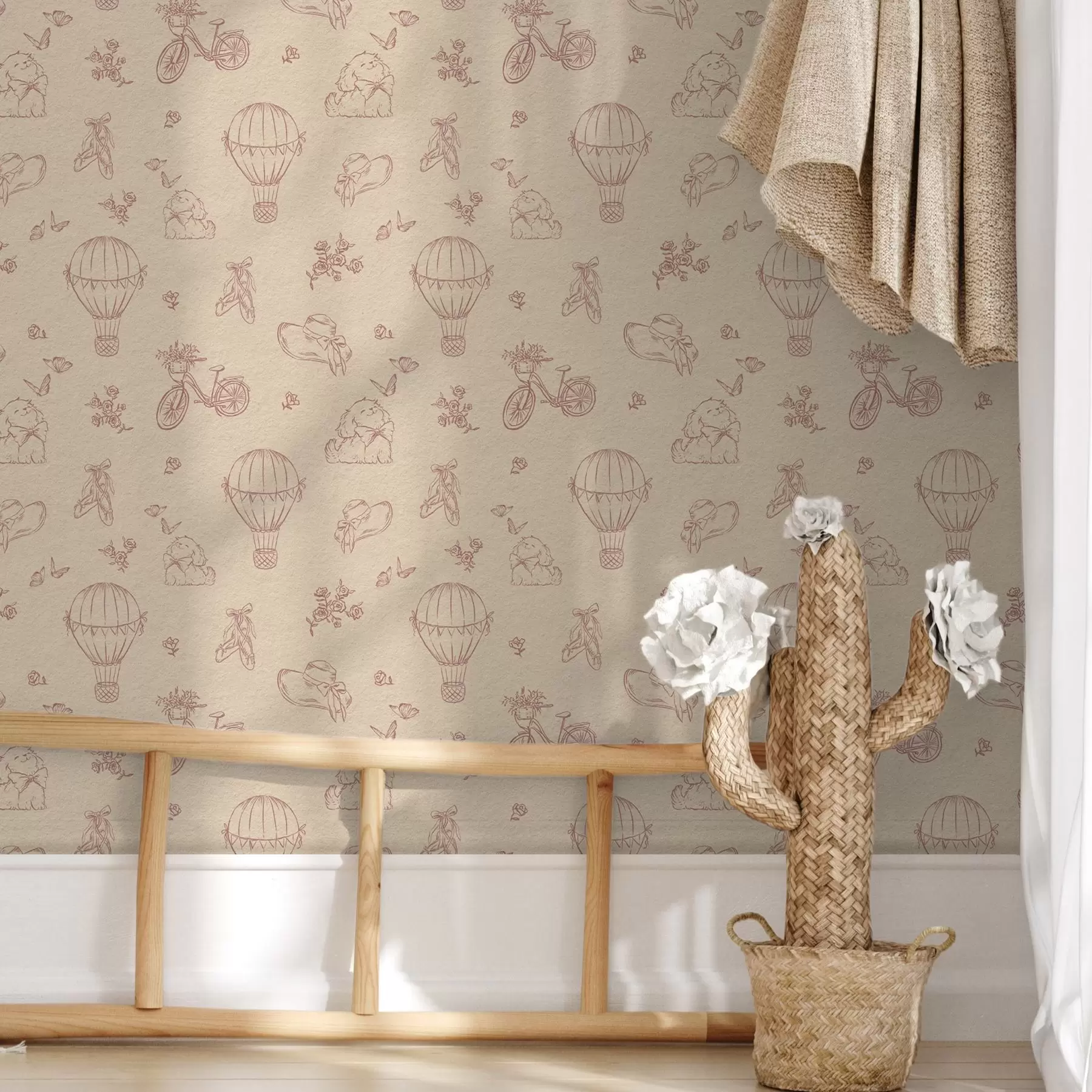 Fotobehang Babyroze patroon met hond, bloemen en lucht a00279