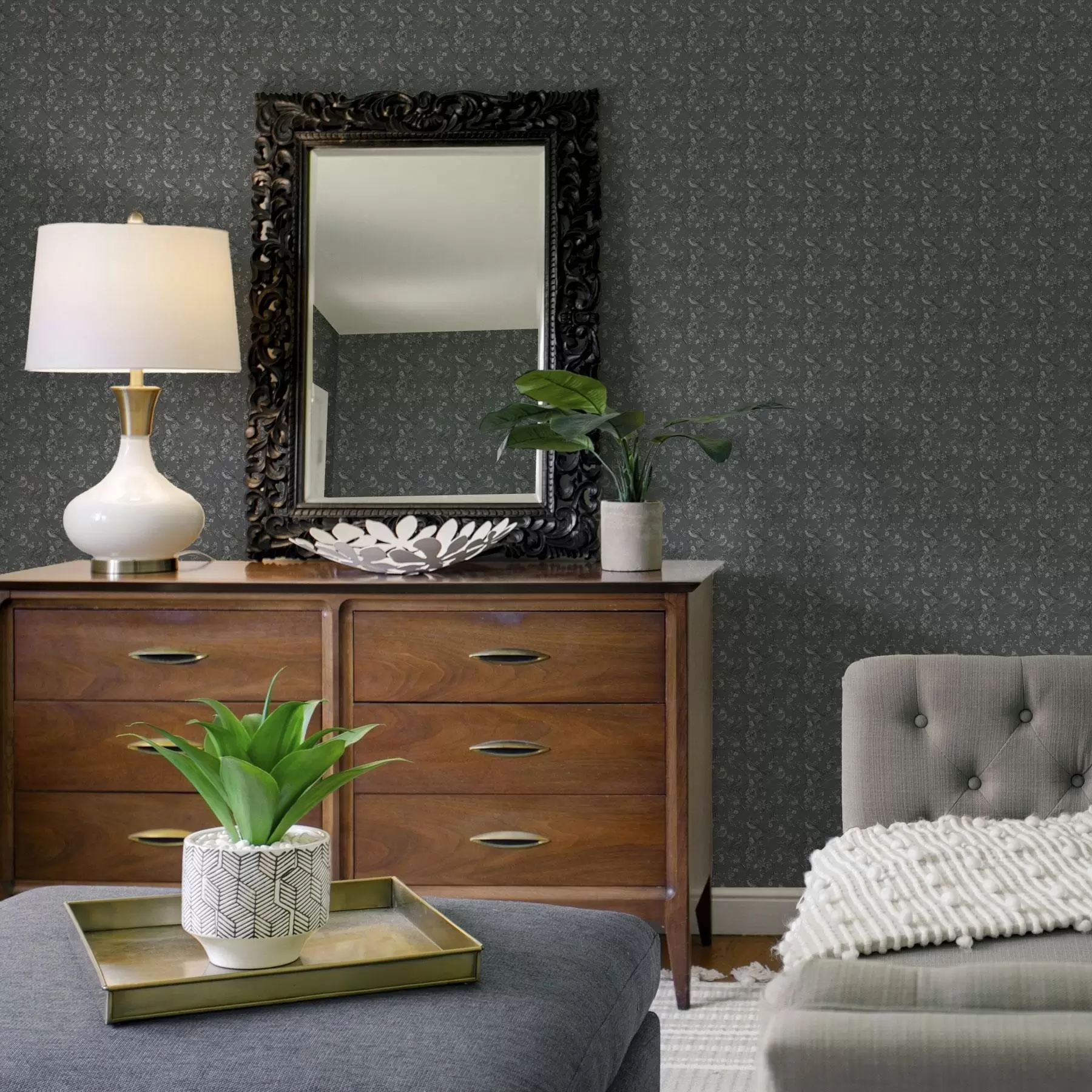 Fotobehang Donker patroon met vogels en bloemen, klassieke stijl a00281