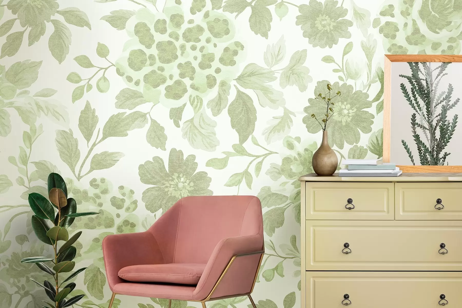 Fotobehang Boho stijl bloemen met luipaardprint, groene kleur w04114v2