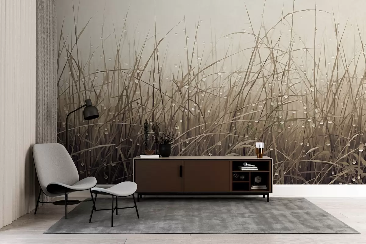 Fotobehang Gras met waterdruppels, gedempte bruine tinten, zacht licht, mistige achtergrond, abstracte minimalistische textuurstijl w09217v1