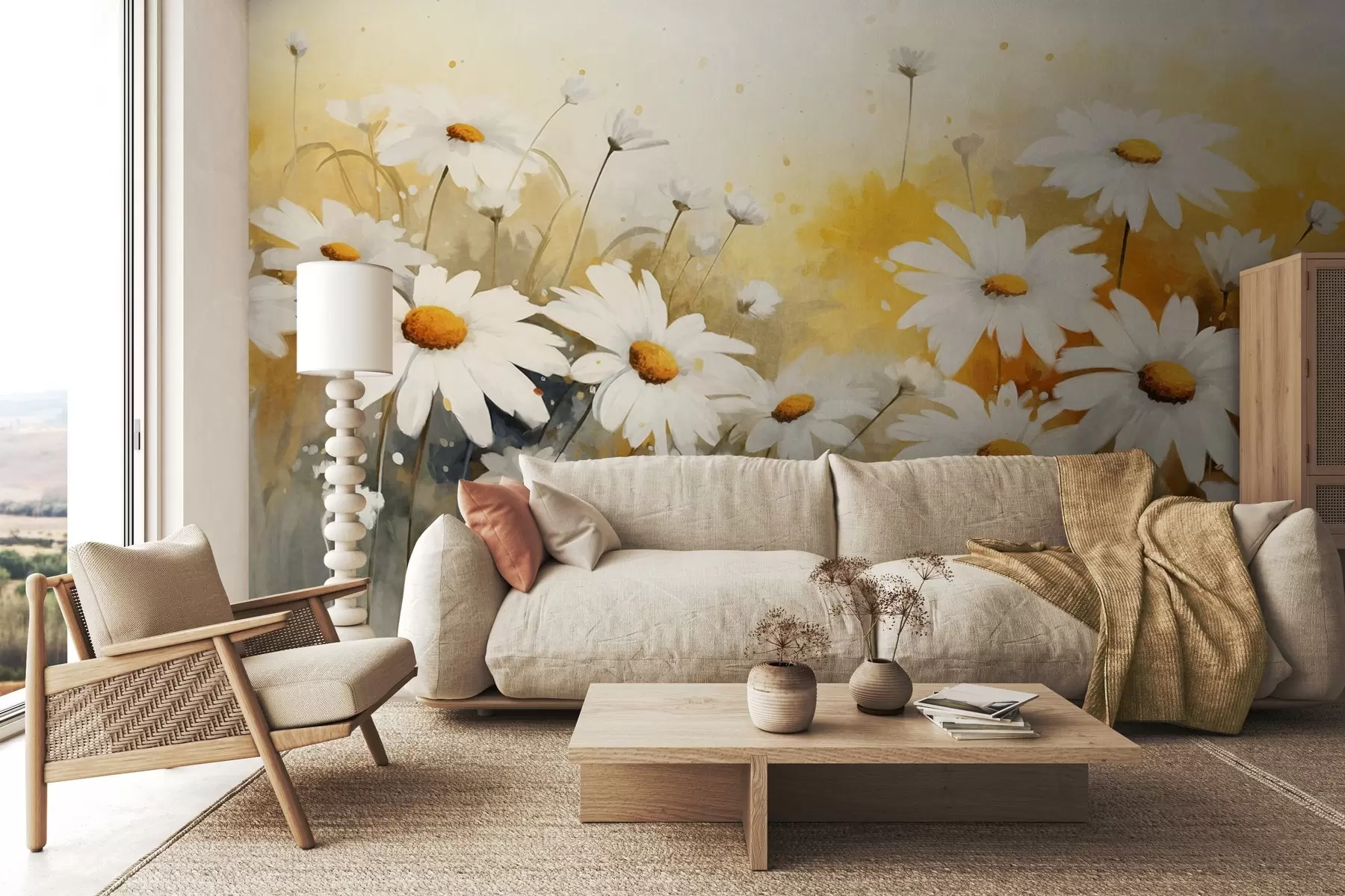 Fotobehang Een veld van witte margrieten met gele harten, tegen een zachtgele en beige achtergrond, aquarelstijl  w09218