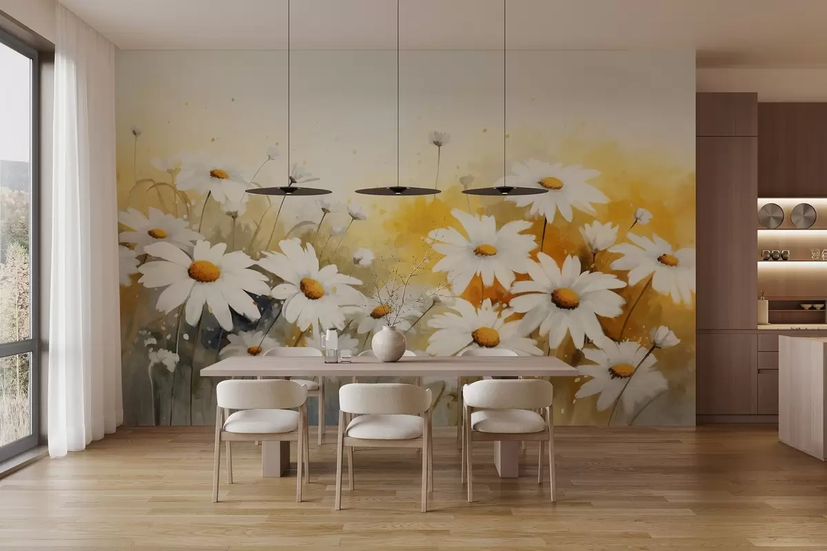 Fotobehang Een veld van witte margrieten met gele harten, tegen een zachtgele en beige achtergrond, aquarelstijl  w09218