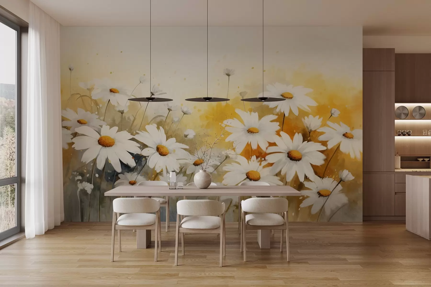 Fotobehang Een veld van witte margrieten met gele harten, tegen een zachtgele en beige achtergrond, aquarelstijl  w09218