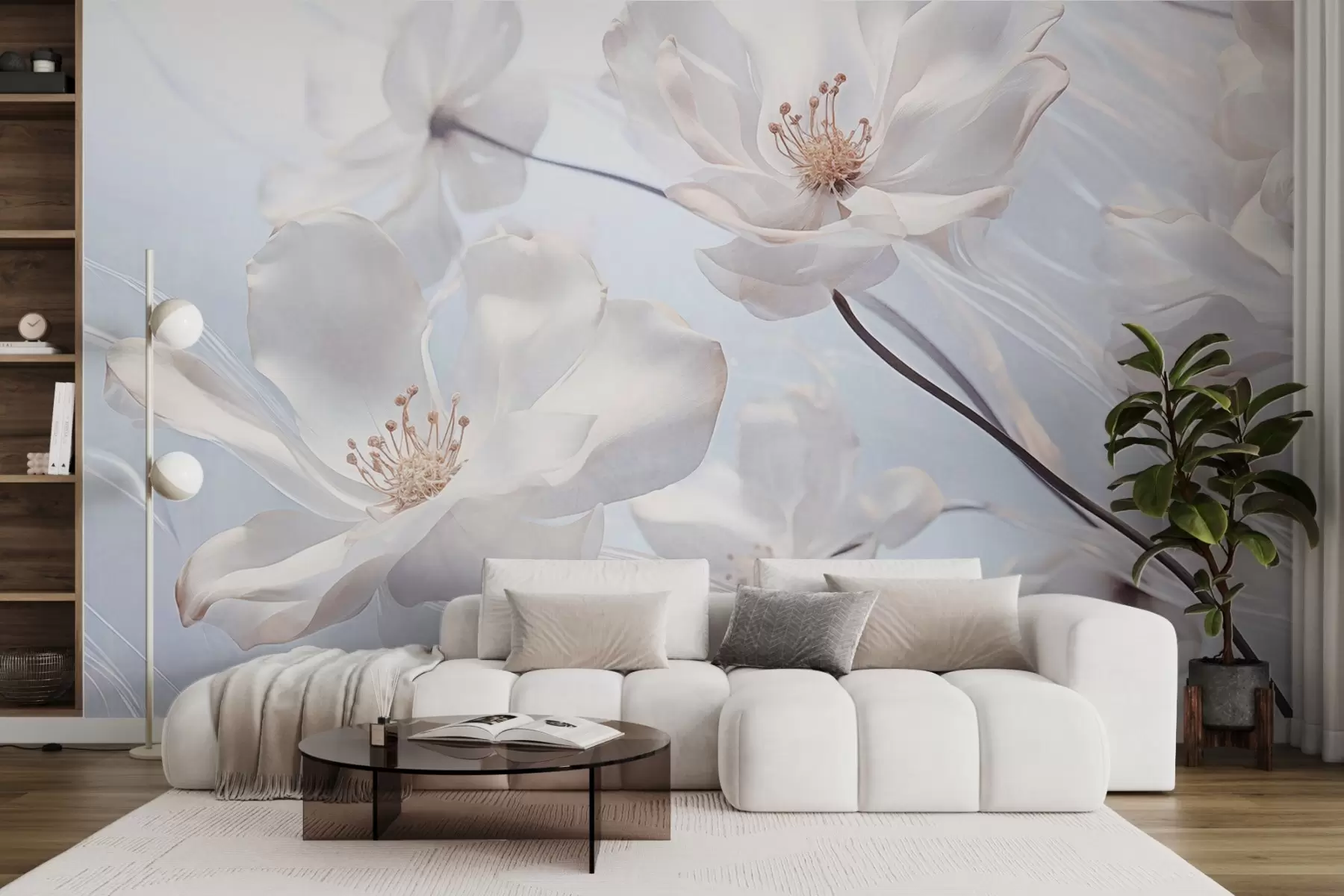 Fotobehang Witte transparante bloemen met delicate bloemblaadjes, zachte lichtblauwe achtergrond, elegant, romantisch, dromerig w09233