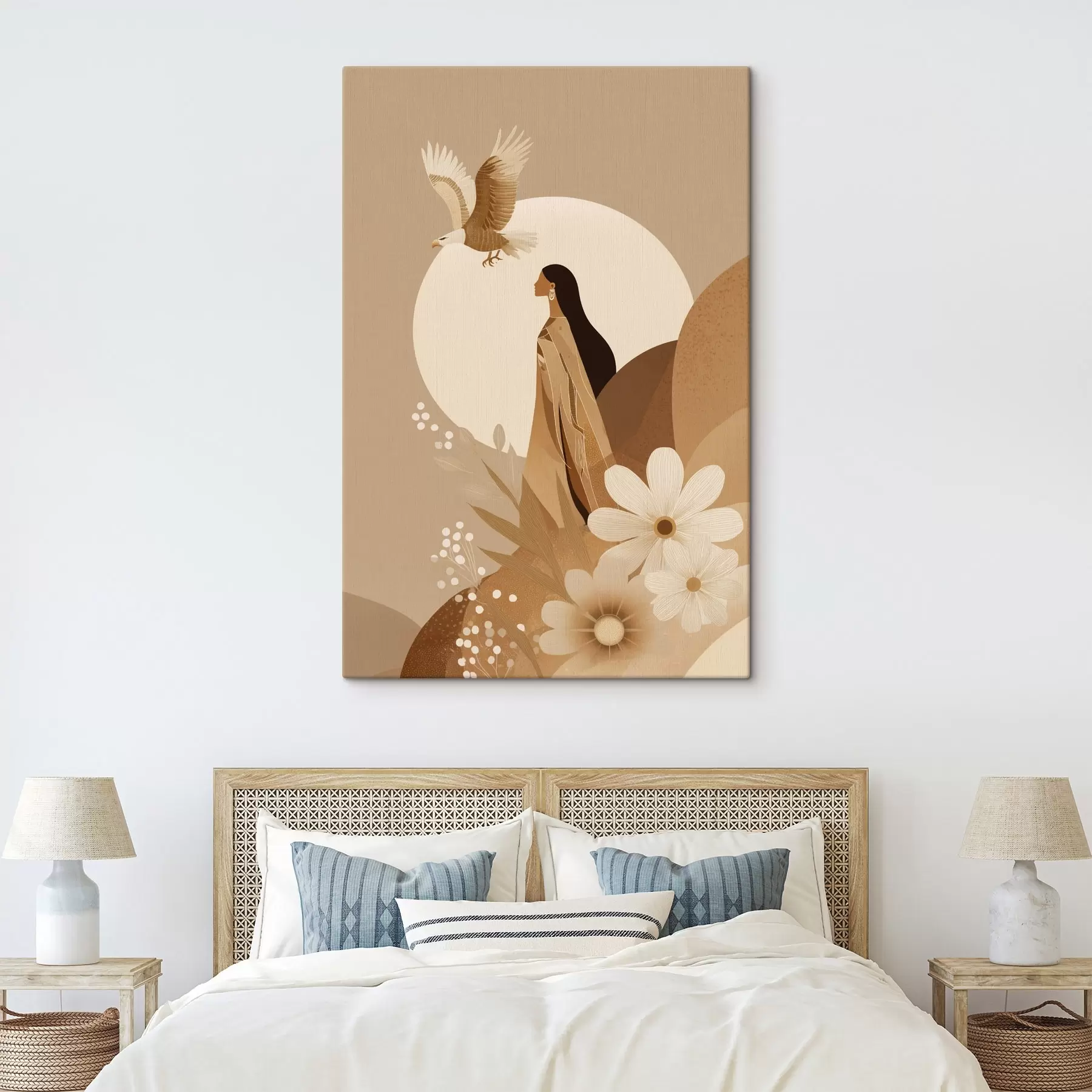  Schilderijen Abstractie met vrouw en adelaar in de lucht, beige kleuren s44978