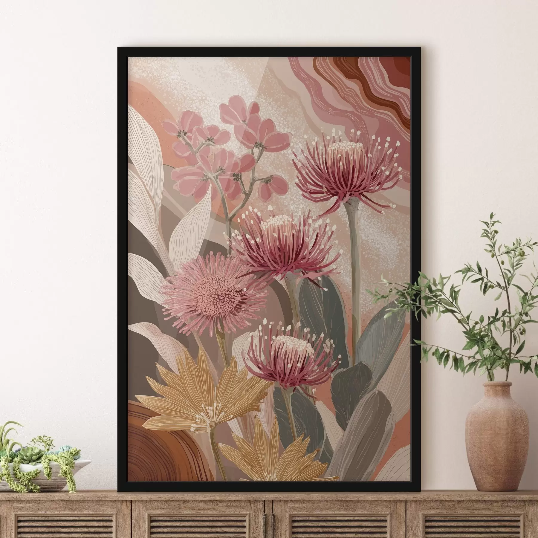Fotobehang Prachtige bloemen, olieverf tekening, rode en roze kleuren f44975