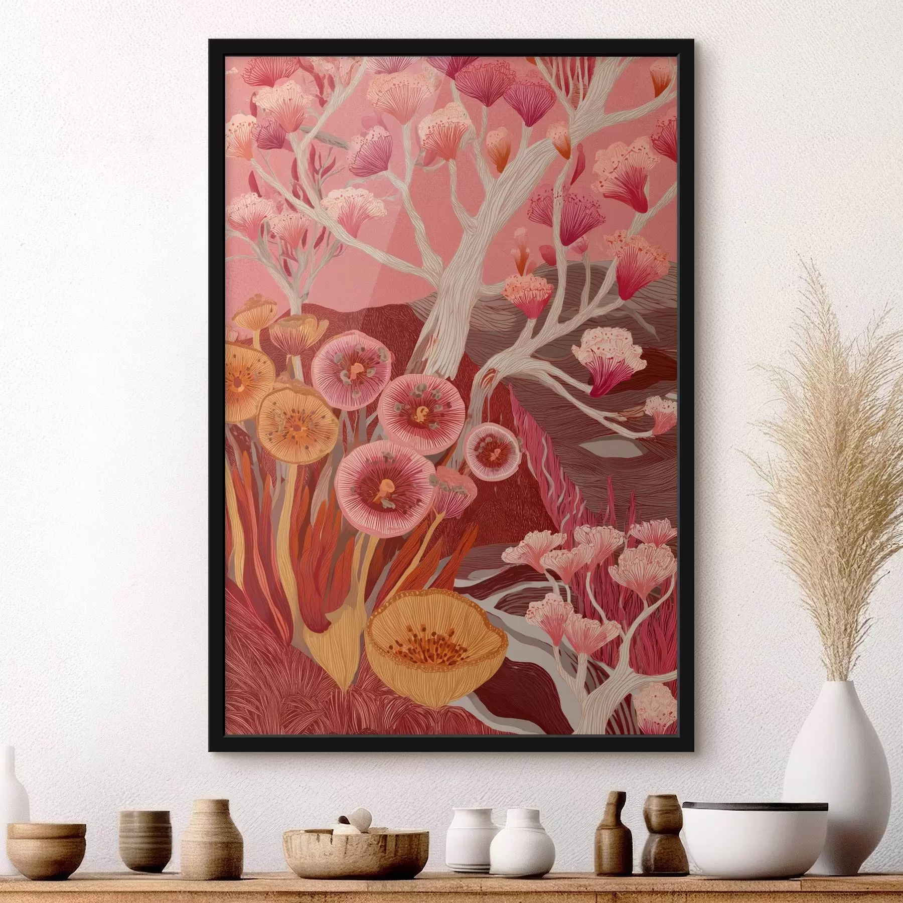 Fotobehang Vintage bloemen, geometrische kunst, tekening in acrylstijl f44976